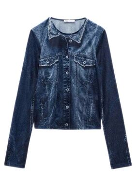 Zara Sheer Denim Jacket Print Crew Neck Top Size M